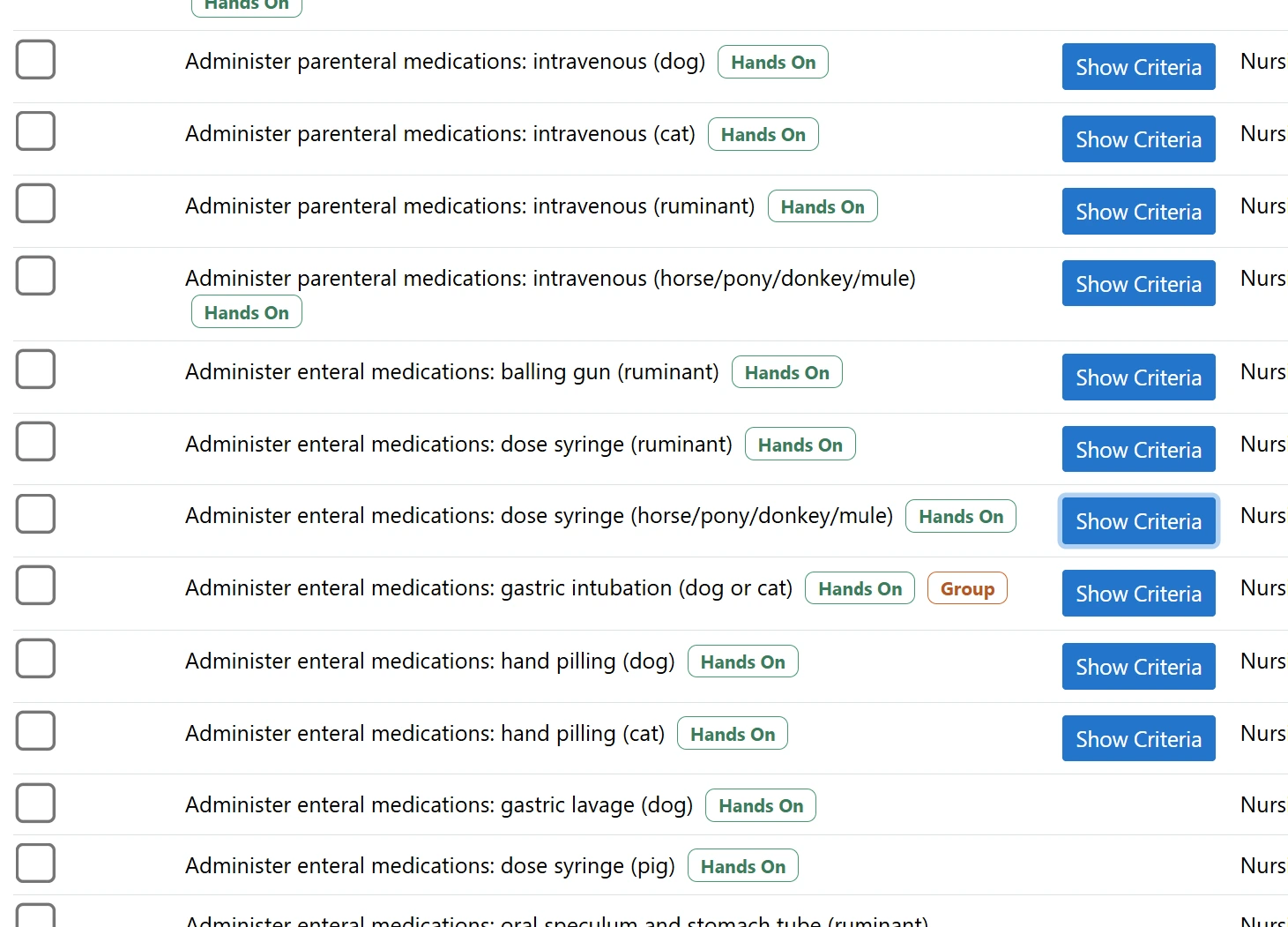 A laptop screen displaying a structured list of veterinary technician skills while an instructor reviews curriculum materials at a desk.