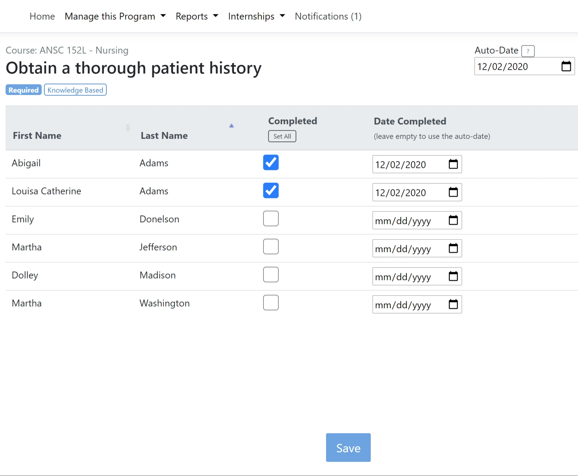 Program administrator reviewing a skills completion report on a laptop in a veterinary education office or faculty workspace.